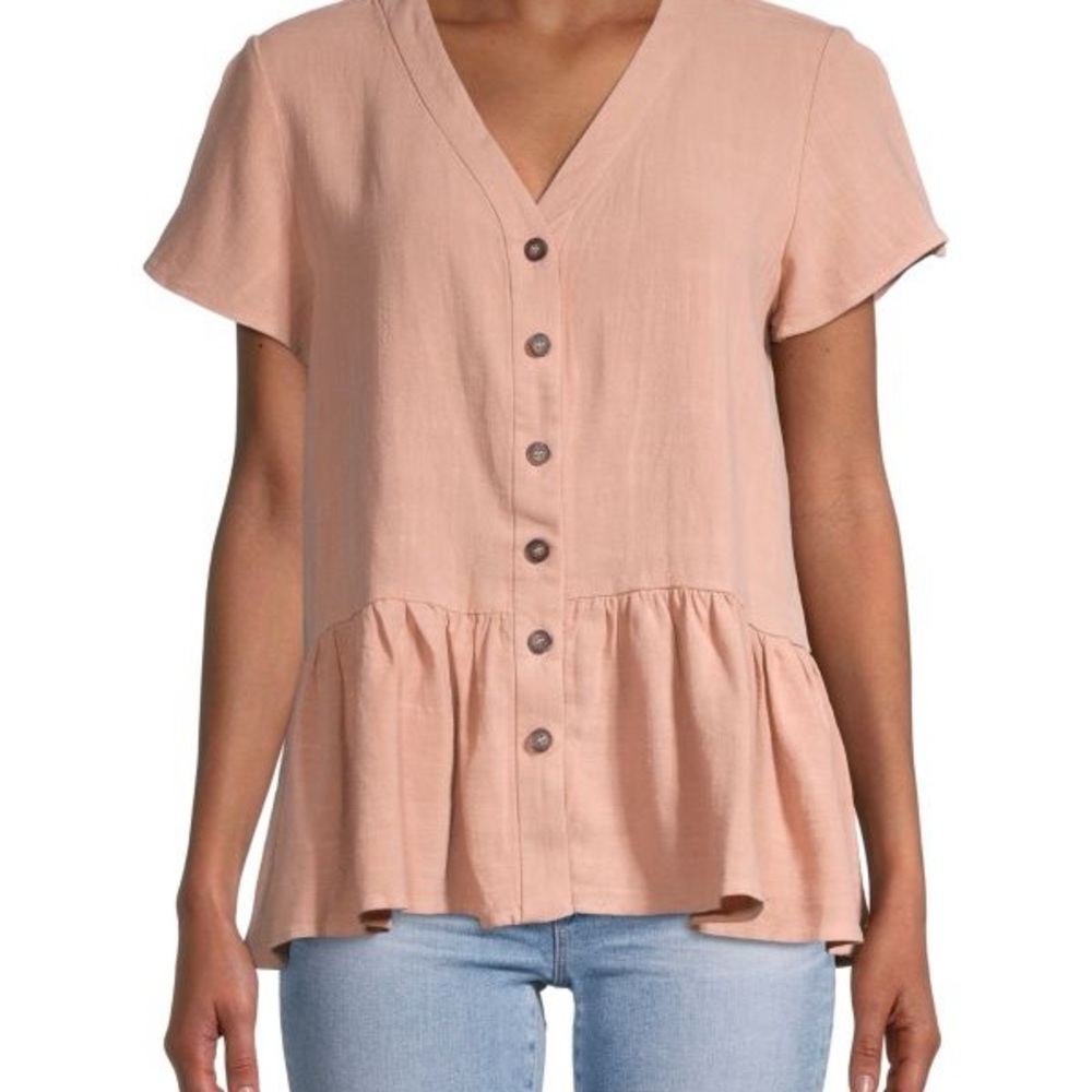 Love Sadie Women's Pink Button-Down Peplum Top